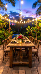 An inviting outdoor dining setup illuminated by string lights, surrounded by lush greenery at dusk.