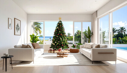 Bright and cheerful living room decorated for Christmas, featuring a large tree, modern furniture, and ocean view.