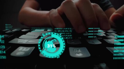 Time lapse of man working on laptop computer keyboard with graphic user interface GUI hologram showing big data science technology, digital network connection and computer programming algorithm. Glean