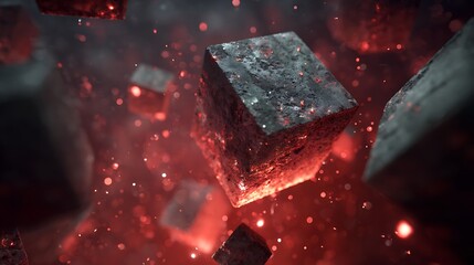 Abstract cube floating in a fiery red space, a surreal and captivating scene, a blend of technology and imagination