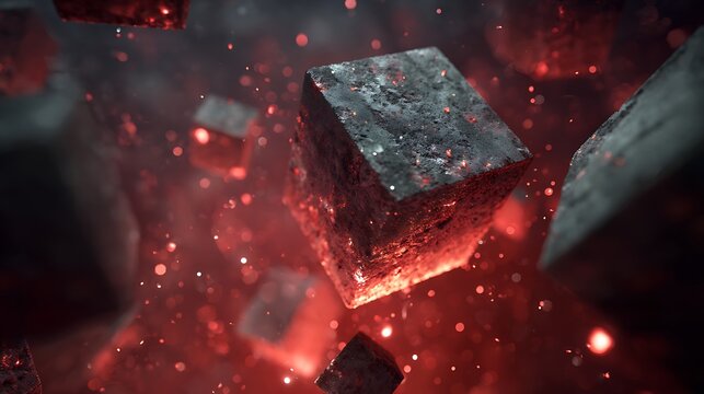 Abstract cube floating in a fiery red space, a surreal and captivating scene, a blend of technology and imagination