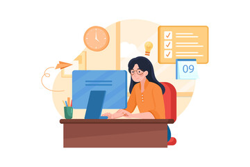 Woman Working at Desk with Task List and Clock in Pixel Art Style Transparent Background