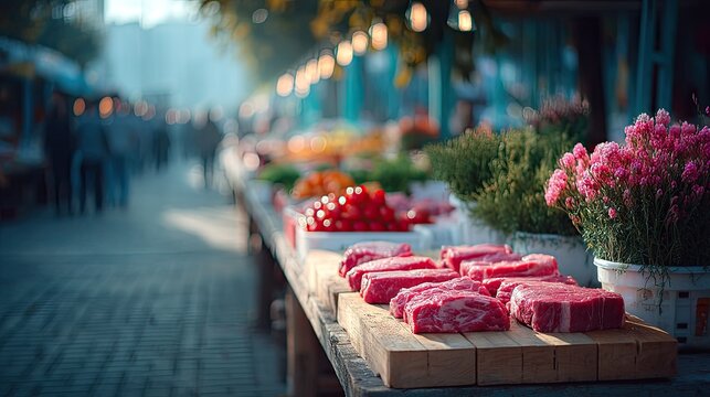 Vibrant Market Stall Displaying Fresh Meat and Produce Under Warm Lighting at Outdoor Marketplace