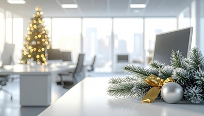 Minimalist Office Christmas Scene with Frosted Pine Decoration
