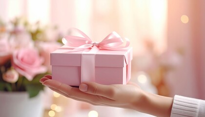 Hand Offering Pastel Pink Gift Box with Satin Ribbon Close Up