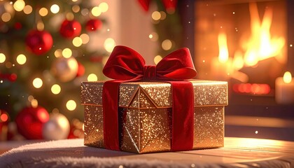 Sparkling Holiday Gift Box with Red Velvet Ribbon by Cozy Fireplace