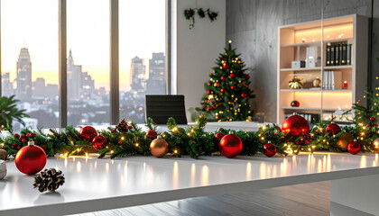 Festive Office Interior Decorated for Christmas with Evergreen Garland