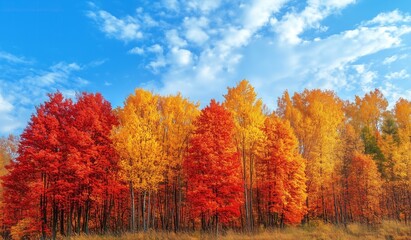 Autumn forest with red orange and yellow trees against blue sky and white clouds, vibrant seasonal landscape in fall nature setting