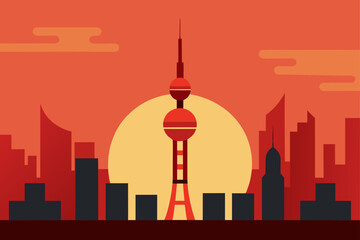 shanghai skyline at sunset