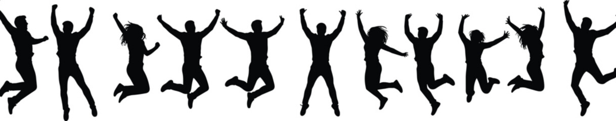 Silhouette group of people jumping, celebrating success, teamwork unity, happiness freedom, energetic crowd, joyful lifestyle, motivation concept, active youth, positive energy