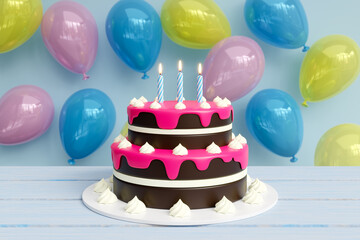 Birthday Cake with Chocolate Layers, Pink Icing, and Candles on table with balloon background, 3d render
