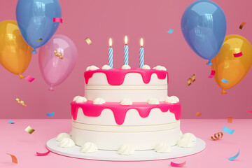Birthday Cake with Chocolate Layers, Pink Icing, and Candles on table with balloon background, 3d render
