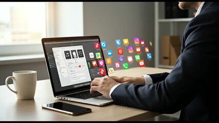 businessman works on laptop with digital applications - Powered by Adobe