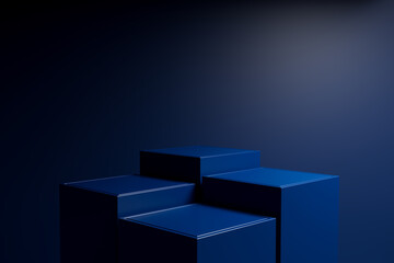 4 steps of empty dark blue cube podium, showcase product, 3d render	
