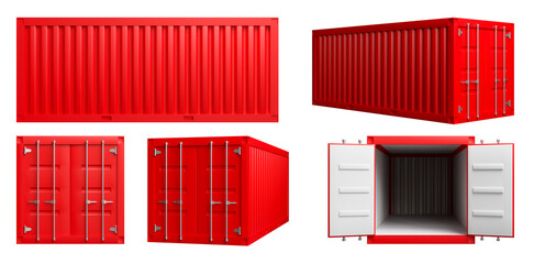 Set of views of a red cargo container. shipping container Isolated on White background. 3D render
