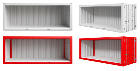 Set of views of a open white and red cargo container. without side wall.  shipping container Isolated on White background. 3D render
