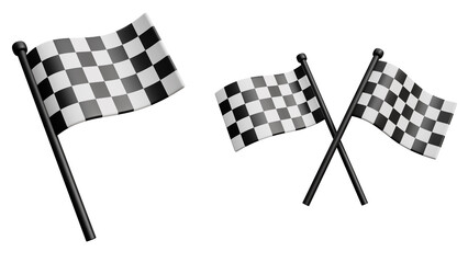 Checkered racing flags isolated on white background. Realistic finish flag set for car race, sports competitions. 3d render
