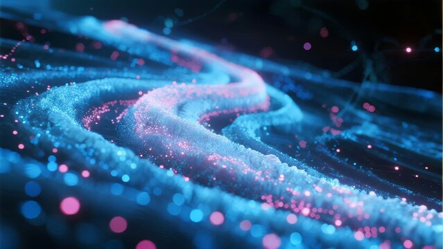 Abstract digital wave with glowing particles in blue and pink hues