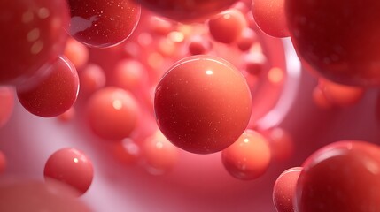 Abstract close up of red spheres floating in a blurred space creates a vibrant and dynamic composition