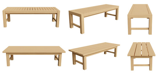 Wooden benches set for park or garden isolated on white background. seat, bench from wood for comfortable rest outside. 3d render