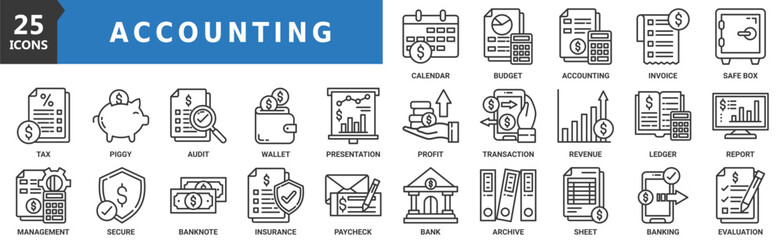 Accounting icon set. Containing budget, invoice, calendar, tax, piggy, bank, wallet and more. Outline vector icons collection