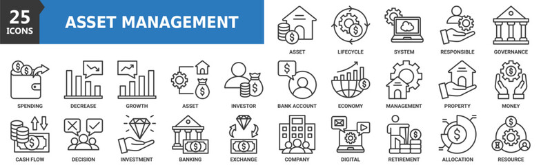 Asset Management icon set. Containing finance, investment, technology, growth, corporate, and more. Outline vector icons collection