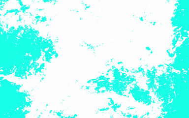 Abstract cyan and white grunge texture background with splattered paint effect. Bright aqua tones scattered across a clean white surface. Rough textured areas resemble ink blots, watercolor stains