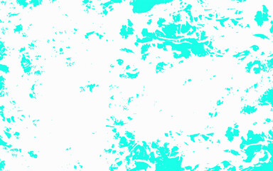 Abstract cyan and white grunge texture background with splattered paint effect. Bright aqua tones scattered across a clean white surface. Rough textured areas resemble ink blots, watercolor stains
