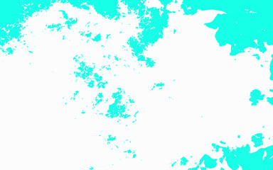 Abstract cyan and white grunge texture background with splattered paint effect. Bright aqua tones scattered across a clean white surface. Rough textured areas resemble ink blots, watercolor stains