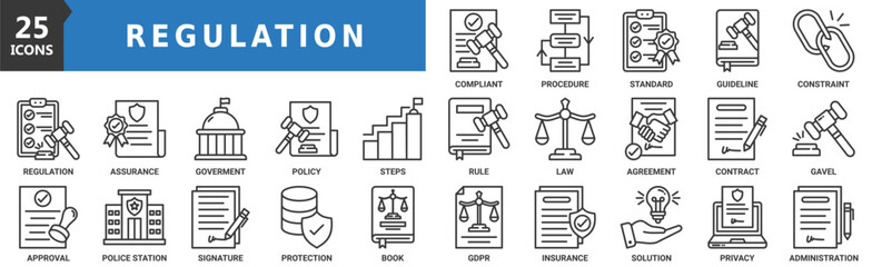 Regulation icon set. Containing design law, legal, compliance, policy, standard, and more. Outline vector icons collection