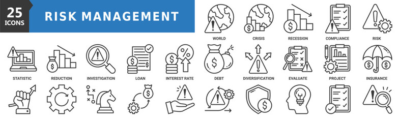 Risk management icon set. Containing world, crisis, recession, compliance, risk, statistic, reduction and more. Outline vector icons collection