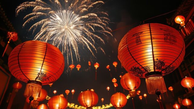 Illuminated red lanterns hanging in the night sky with fireworks exploding in the background above them