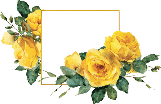 Elegant yellow rose watercolor flower frame with green leaf decoration - Powered by Adobe
