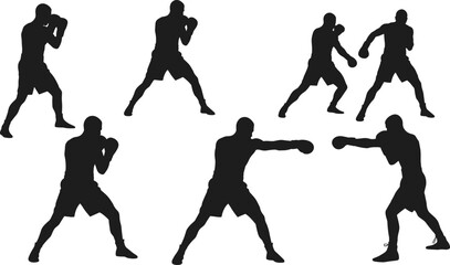 Boxing fighter silhouettes, combat training poses, martial arts athletes, punching stances, fitness workout moves, sports action, vector illustration
