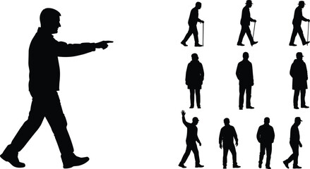 Silhouette people walking, pointing, standing, waving, human posture, body movement, walking cane, teamwork, lifestyle, business concept, abstract design, illustration