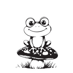 Cartoon Frog on Mushroom Vector — Black and White Whimsical Illustration with Expressive Eyes and Meditative Pose in Nature