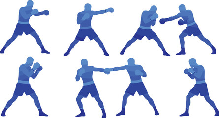Boxing fighter silhouettes, martial arts poses, punching stances, combat training moves, sports workout design, vector illustration