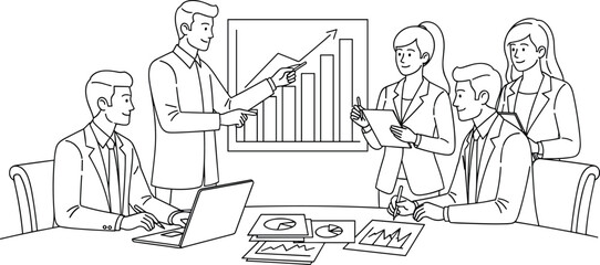 Business meeting presentation with team discussion, growth chart analysis, office teamwork, line art vector illustration