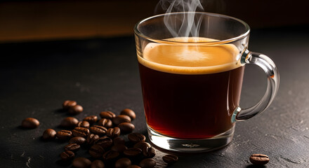 Aromatic hot black coffee in a clear glass mug with steam rising and roasted beans on a dark slate background
