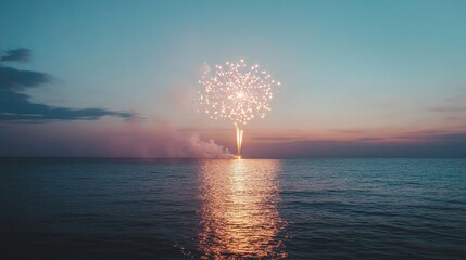 Fireworks exploding over the ocean at dusk with reflections on the water surface and colorful sky