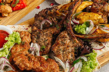 Caucasian barbecue table with grilled vegetables and spices