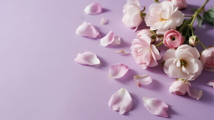 Obraz premium Pink roses and scattered petals on a soft purple background