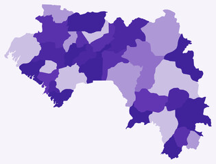 Map of Guinea with regions. Just a simple country border map with region division. Deep purple color palette. Flat Guinea shape with administrative division. Vector illustration.