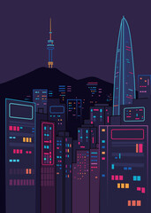 Vector illustration of Seoul&rsquo;s skyline glowing with neon lights against the night sky.