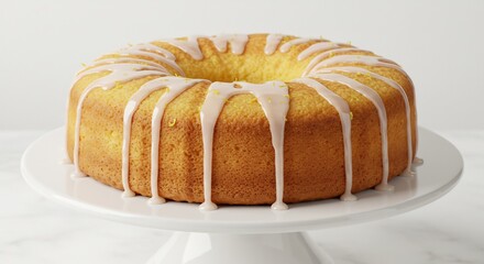 白いアイシングがたっぷりかかった黄金色のリングケーキが白いケーキスタンドに美しく飾られ甘く輝く美味しそうなデザート. AI Generated