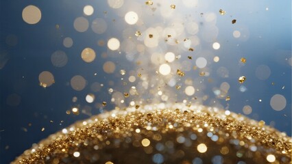 Golden glitter particles sparkling against a blue background with bokeh light effects