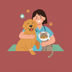 A happy vet embraces a smiling golden retriever with a bandaged leg and a tabby cat with a cone, set against a maroon background with medical symbols.