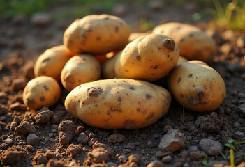 Freshly harvested potatoes lying on the ground in the field 