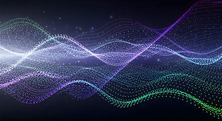 Dynamic Abstract Waveform of Glowing Particles Creating a Digital Sound or Data Visualization on a Dark Background, Representing Modern Technology and Information Flow