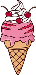 ice cream cones with colorful swirls in a row on white background, ideal for dessert and summer-themed design